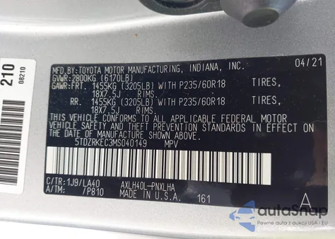 2021 Toyota Sienna Limited/Platinum из США, поврежденный, VIN 5TDZRKEC3MS040149